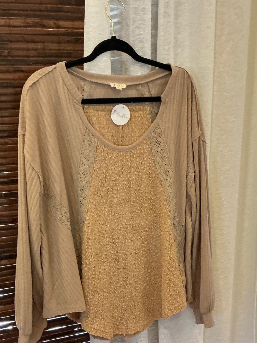 POL Beige Cream Mixed-Texture Long Sleeve Top